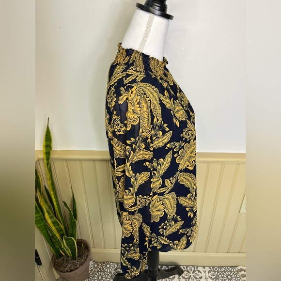 J Crew Smocked Ruched Chiffon Regal Gold Navy Floral Coquette Blouse Women Sz XS - Picture 2 of 10